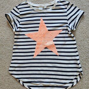 Gap Kids XL White Tee with Navy Stripes and Sequin Star